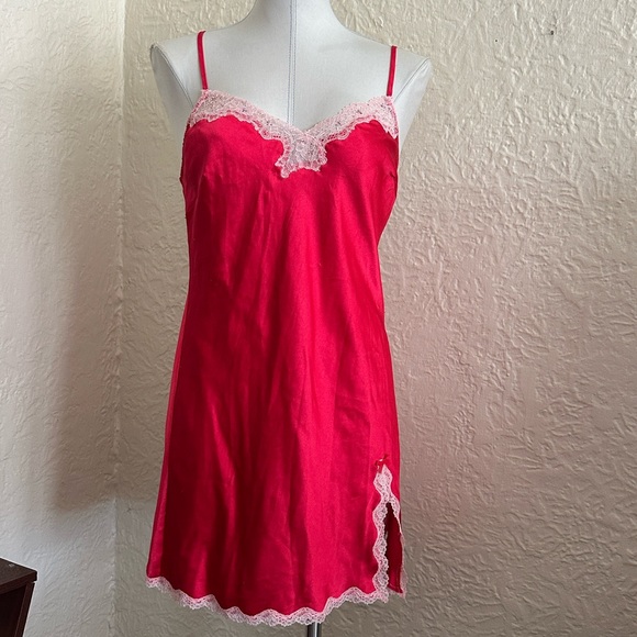 Victoria's Secret Other - Victoria’s Secret Red Satin Lace Trim Pink Crystal Accents Slip Medium